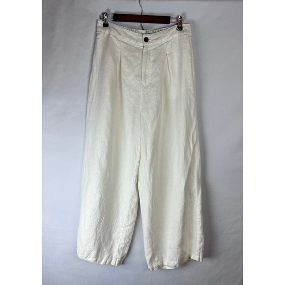 H Halston Ivory Women's Trouser Size 12 Linen Wide Leg Elastic Waist Pants - Picture 1 of 7